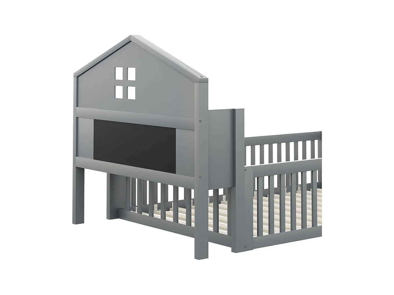 Lit enfant en bois 90x200 avec étagères et espace de rangement avec barrière de sécurité et porte avec baguette pour photos avec sommier à lattes gris