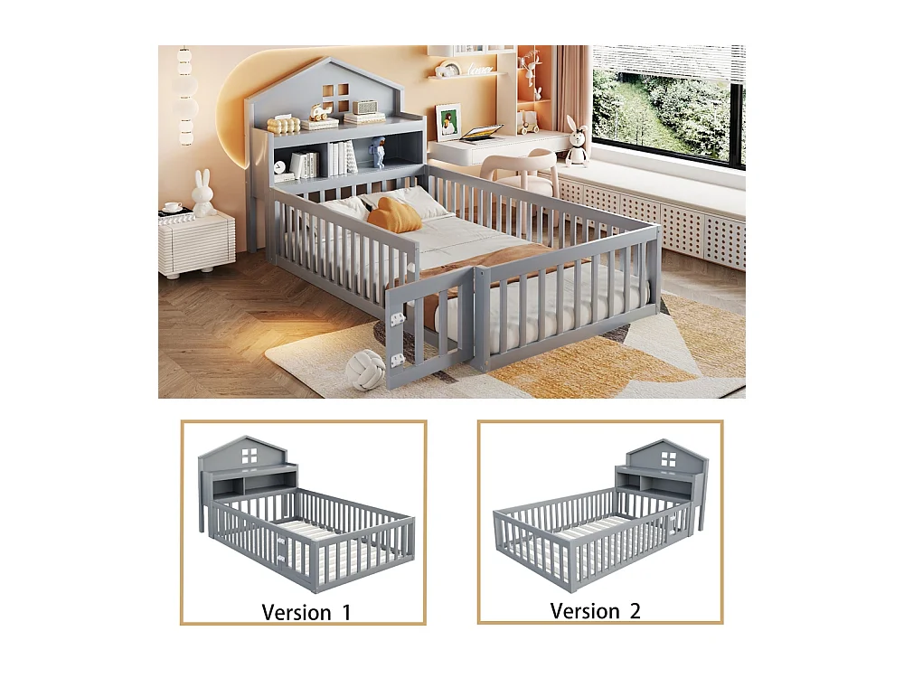 Lit enfant en bois 90x200 avec étagères et espace de rangement avec barrière de sécurité et porte avec baguette pour photos avec sommier à lattes gris