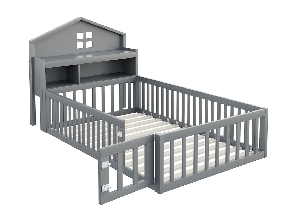 Lit enfant en bois 90x200 avec étagères et espace de rangement avec barrière de sécurité et porte avec baguette pour photos avec sommier à lattes gris