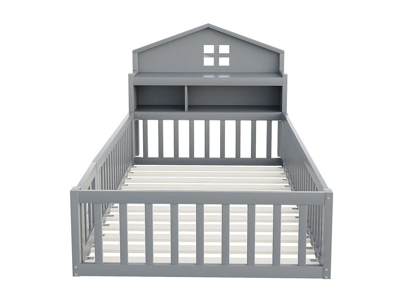 Lit enfant en bois 90x200 avec étagères et espace de rangement avec barrière de sécurité et porte avec baguette pour photos avec sommier à lattes gris