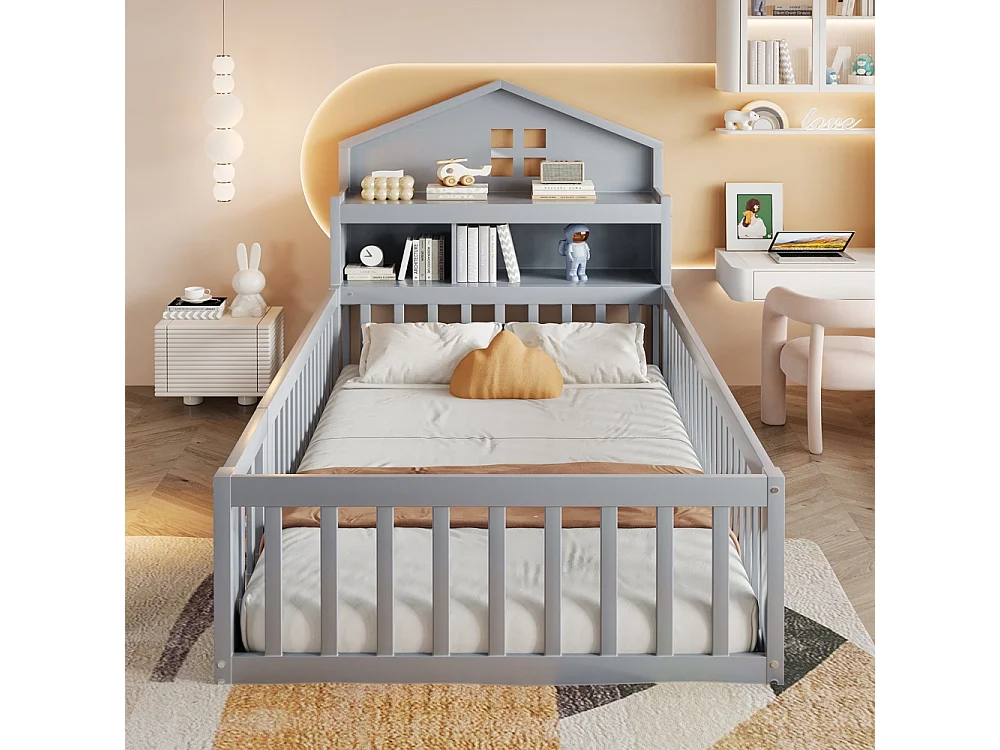 Lit enfant en bois 90x200 avec étagères et espace de rangement avec barrière de sécurité et porte avec baguette pour photos avec sommier à lattes gris