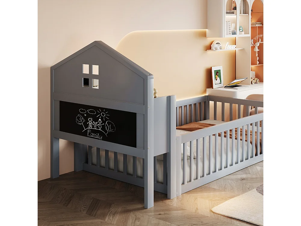 Lit enfant en bois 90x200 avec étagères et espace de rangement avec barrière de sécurité et porte avec baguette pour photos avec sommier à lattes gris