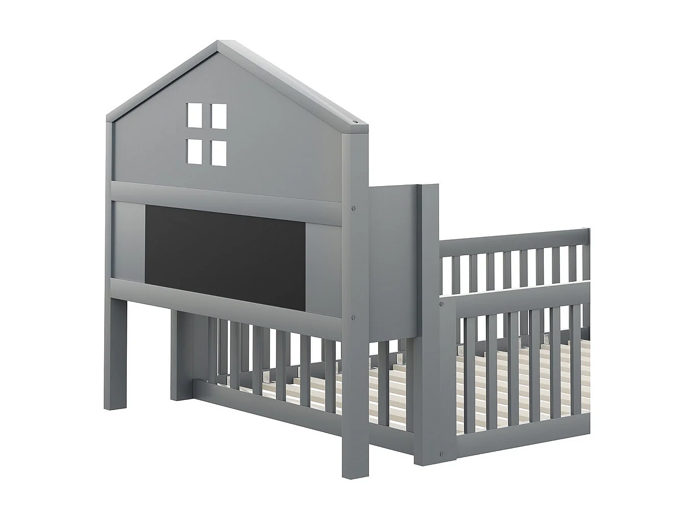 Lit enfant en bois 90x200 avec étagères et espace de rangement avec barrière de sécurité et porte avec baguette pour photos avec sommier à lattes gris