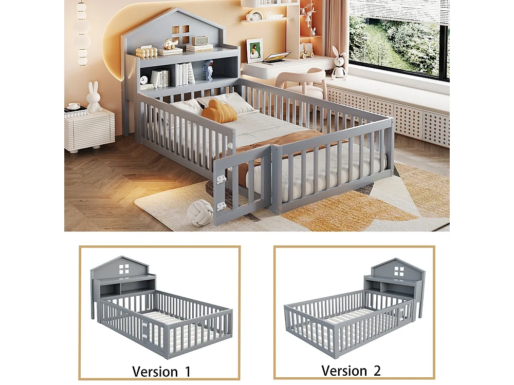 Lit enfant en bois 90x200 avec étagères et espace de rangement avec barrière de sécurité et porte avec baguette pour photos avec sommier à lattes gris