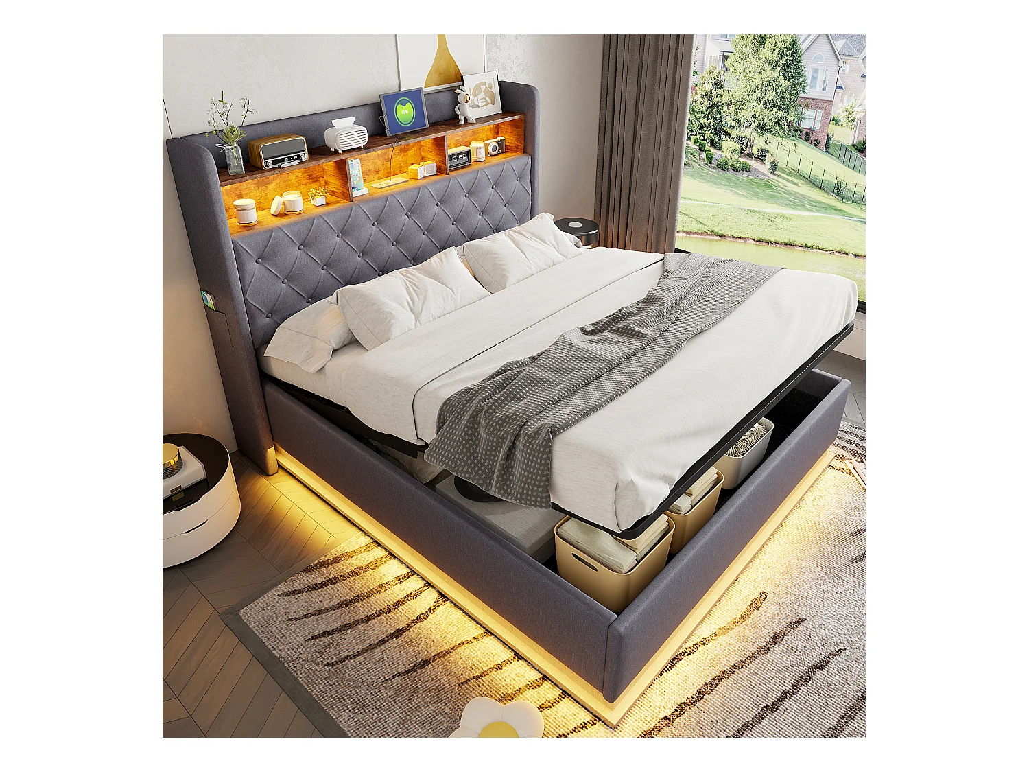 Cama de casal estofada, 160 x 200 cm, com espaço de armazenamento hidráulico, LED, estrado de ripas, cinza