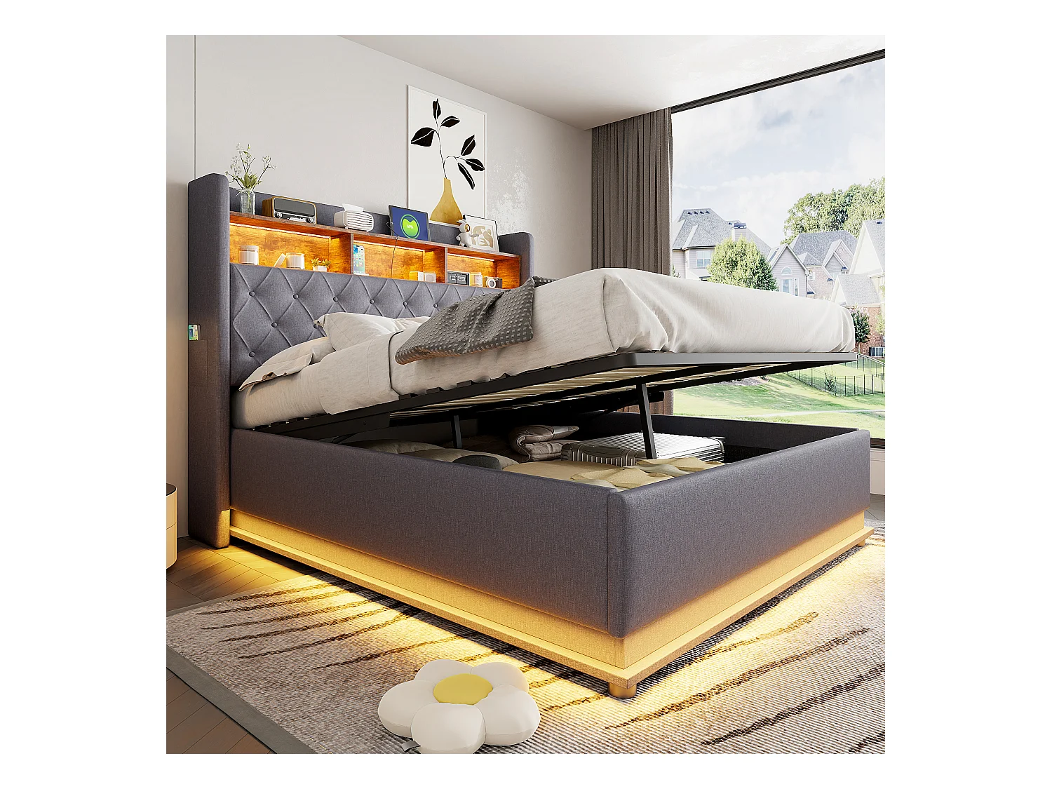 Cama de casal estofada, 160 x 200 cm, com espaço de armazenamento hidráulico, LED, estrado de ripas, cinza