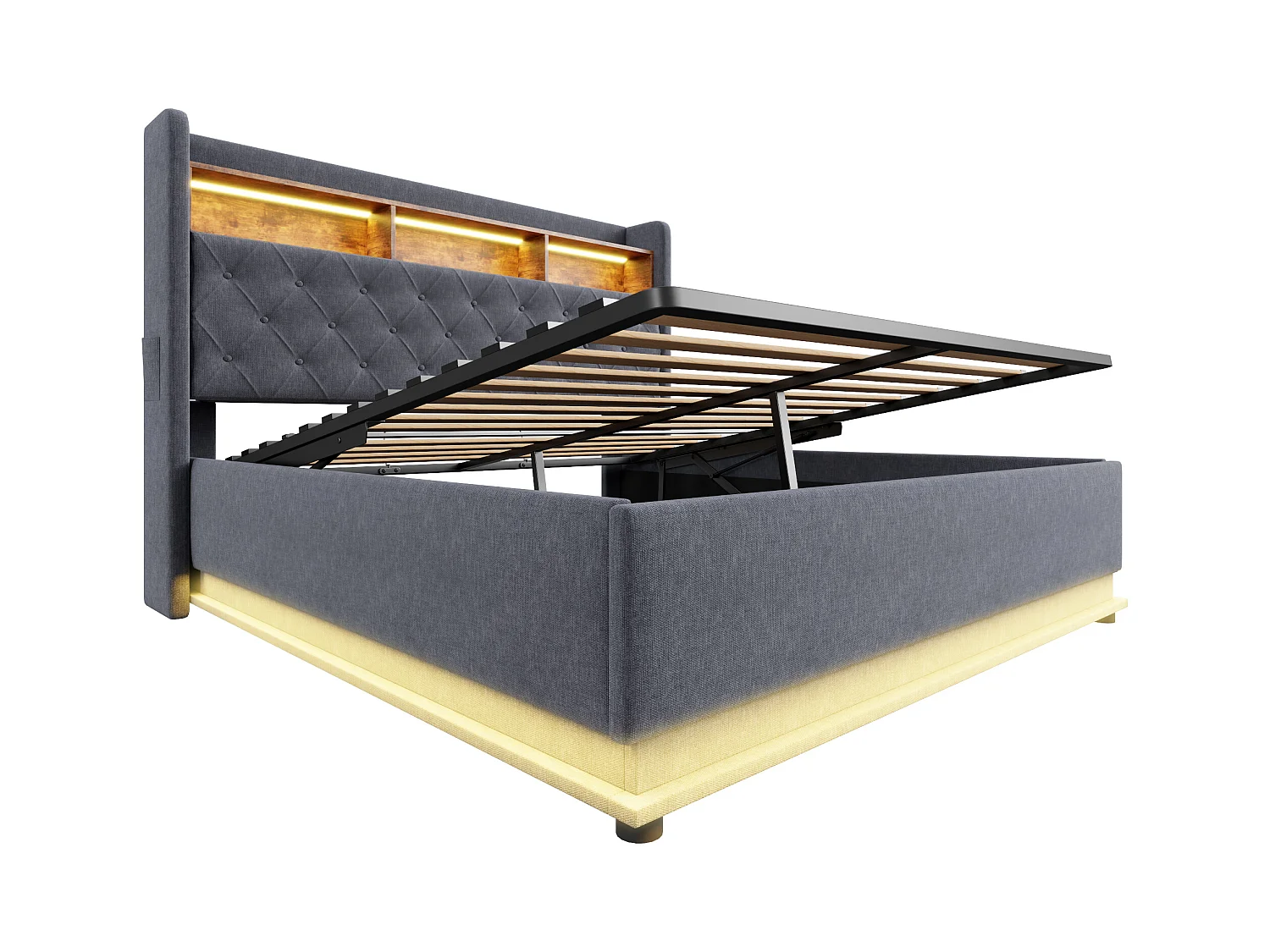 Cama de casal estofada, 160 x 200 cm, com espaço de armazenamento hidráulico, LED, estrado de ripas, cinza