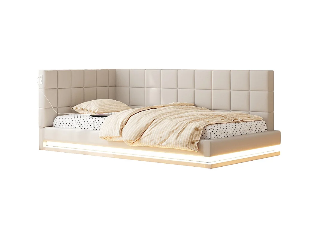 LIt double rembourré 90x200 avec bande lumineuse LED prise USB et sommier à lattes tissu velours agréable au toucher beige