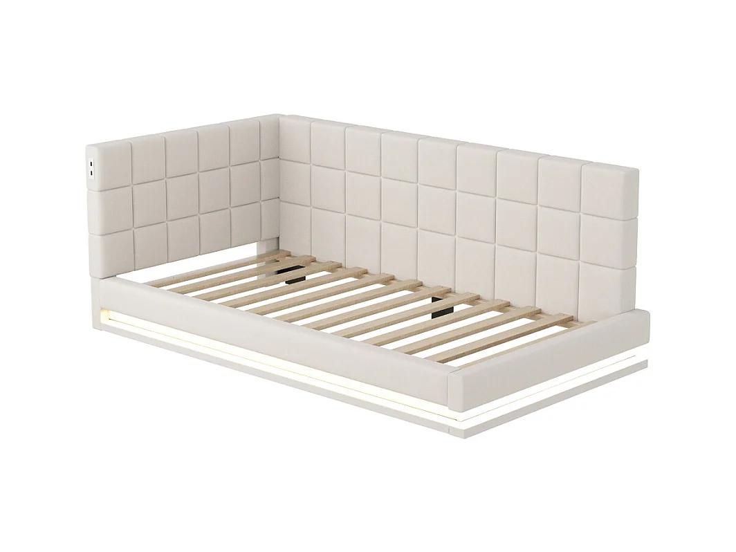 LIt double rembourré 90x200 avec bande lumineuse LED prise USB et sommier à lattes tissu velours agréable au toucher beige