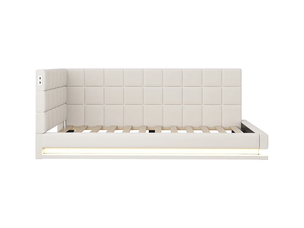 LIt double rembourré 90x200 avec bande lumineuse LED prise USB et sommier à lattes tissu velours agréable au toucher beige