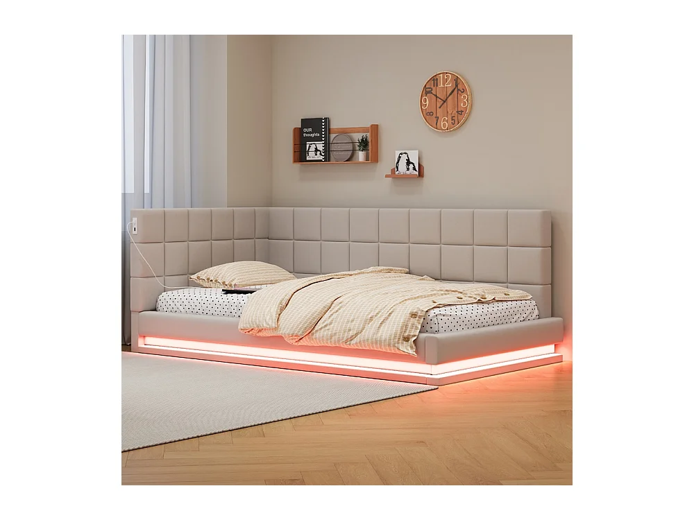 LIt double rembourré 90x200 avec bande lumineuse LED prise USB et sommier à lattes tissu velours agréable au toucher beige