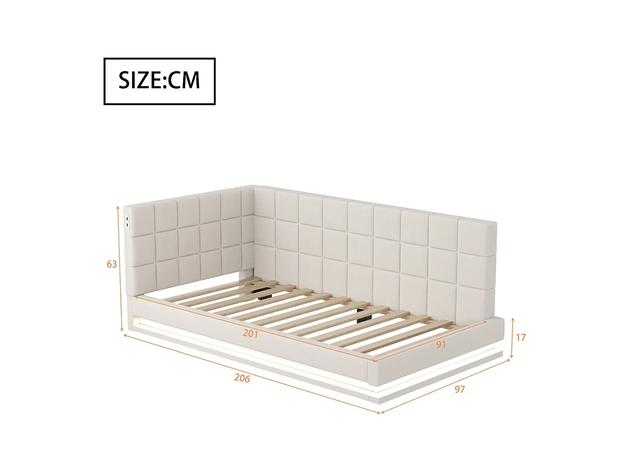 LIt double rembourré 90x200 avec bande lumineuse LED prise USB et sommier à lattes tissu velours agréable au toucher beige