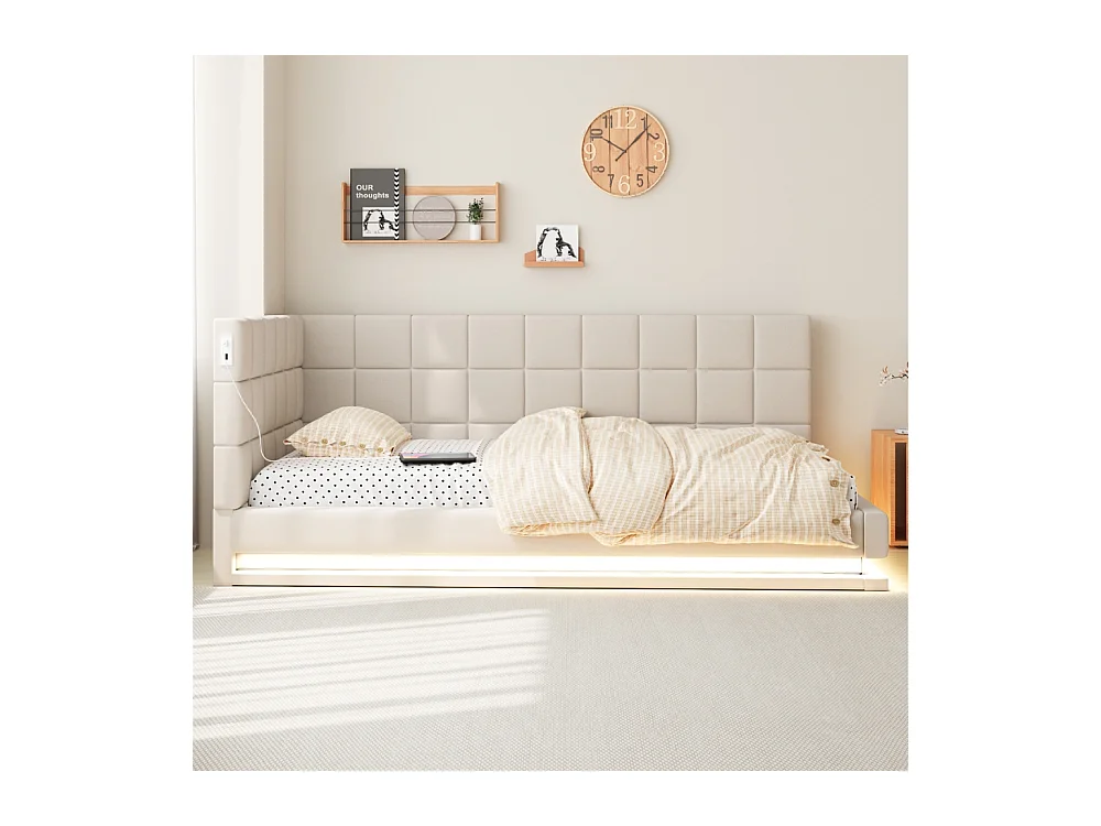 LIt double rembourré 90x200 avec bande lumineuse LED prise USB et sommier à lattes tissu velours agréable au toucher beige