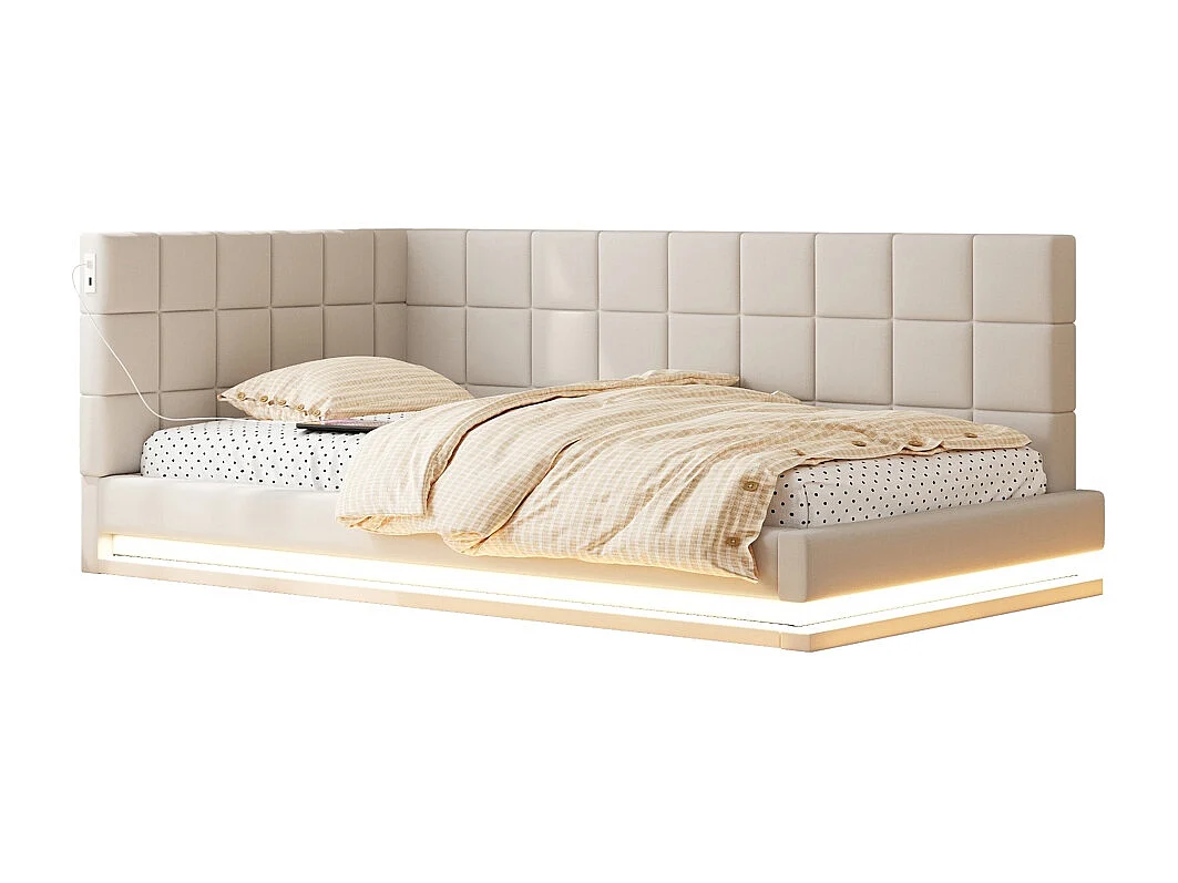 LIt double rembourré 90x200 avec bande lumineuse LED prise USB et sommier à lattes tissu velours agréable au toucher beige