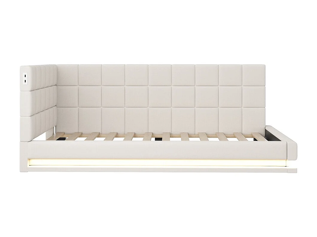 LIt double rembourré 90x200 avec bande lumineuse LED prise USB et sommier à lattes tissu velours agréable au toucher beige