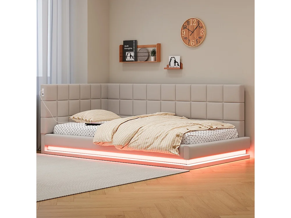 LIt double rembourré 90x200 avec bande lumineuse LED prise USB et sommier à lattes tissu velours agréable au toucher beige