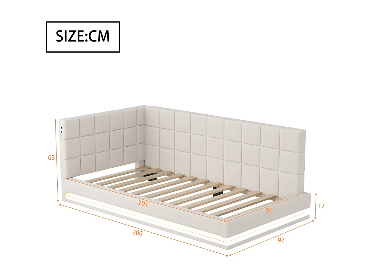 LIt double rembourré 90x200 avec bande lumineuse LED prise USB et sommier à lattes tissu velours agréable au toucher beige