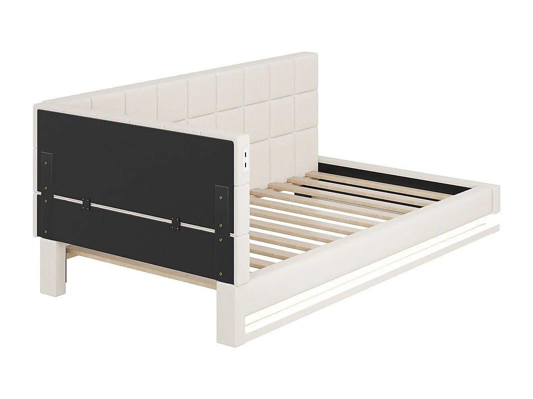 LIt double rembourré 90x200 avec bande lumineuse LED prise USB et sommier à lattes tissu velours agréable au toucher beige