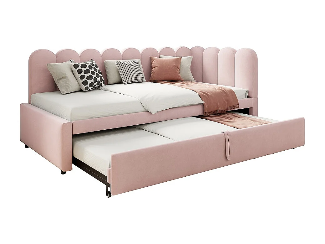 Lit gigogne rembourré en L 90x200 cm avec dossier à fleurs et lit enfant en velours rose