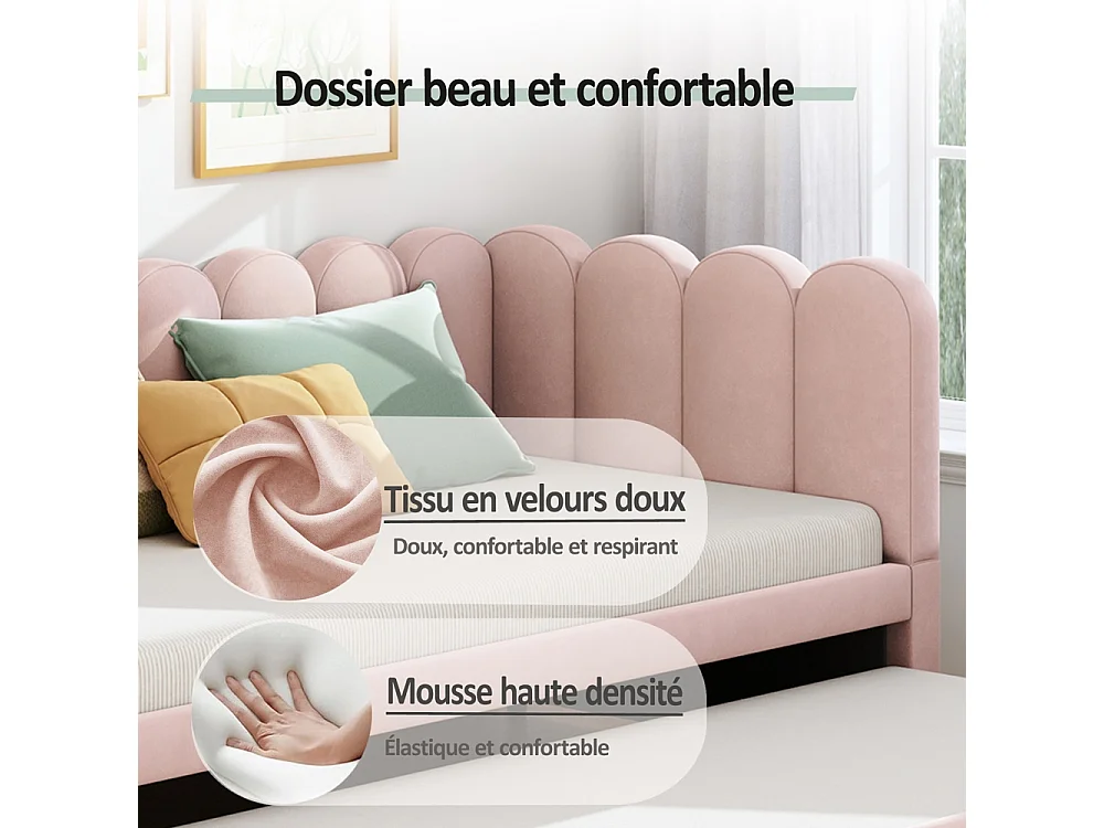 Lit gigogne rembourré en L 90x200 cm avec dossier à fleurs et lit enfant en velours rose