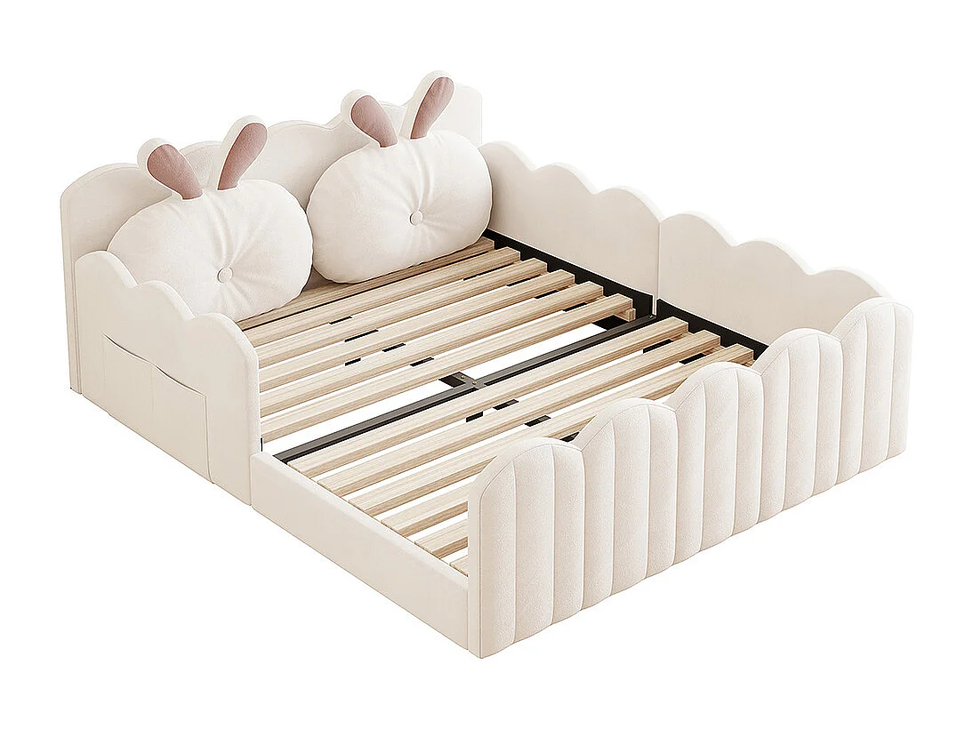 Lit double plateforme rembourré 140x200 coussins forme lapin beige