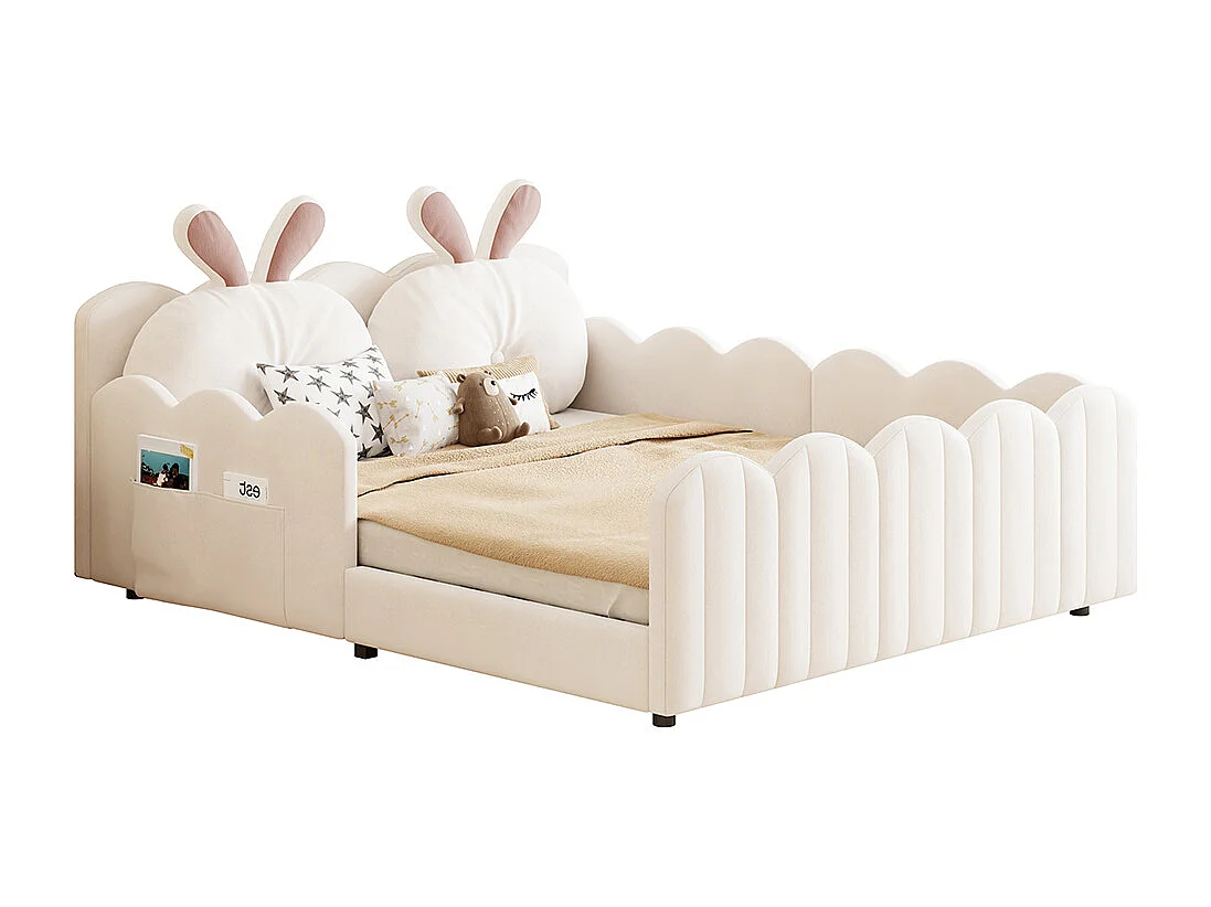Lit double plateforme rembourré 140x200 coussins forme lapin beige