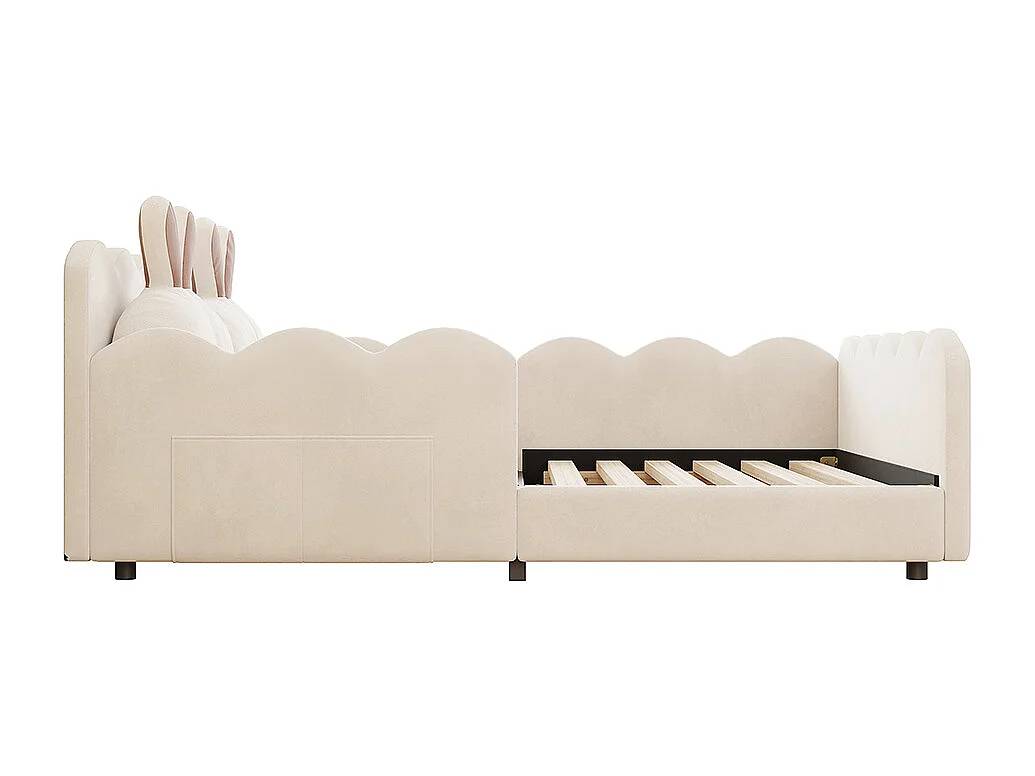 Lit double plateforme rembourré 140x200 coussins forme lapin beige