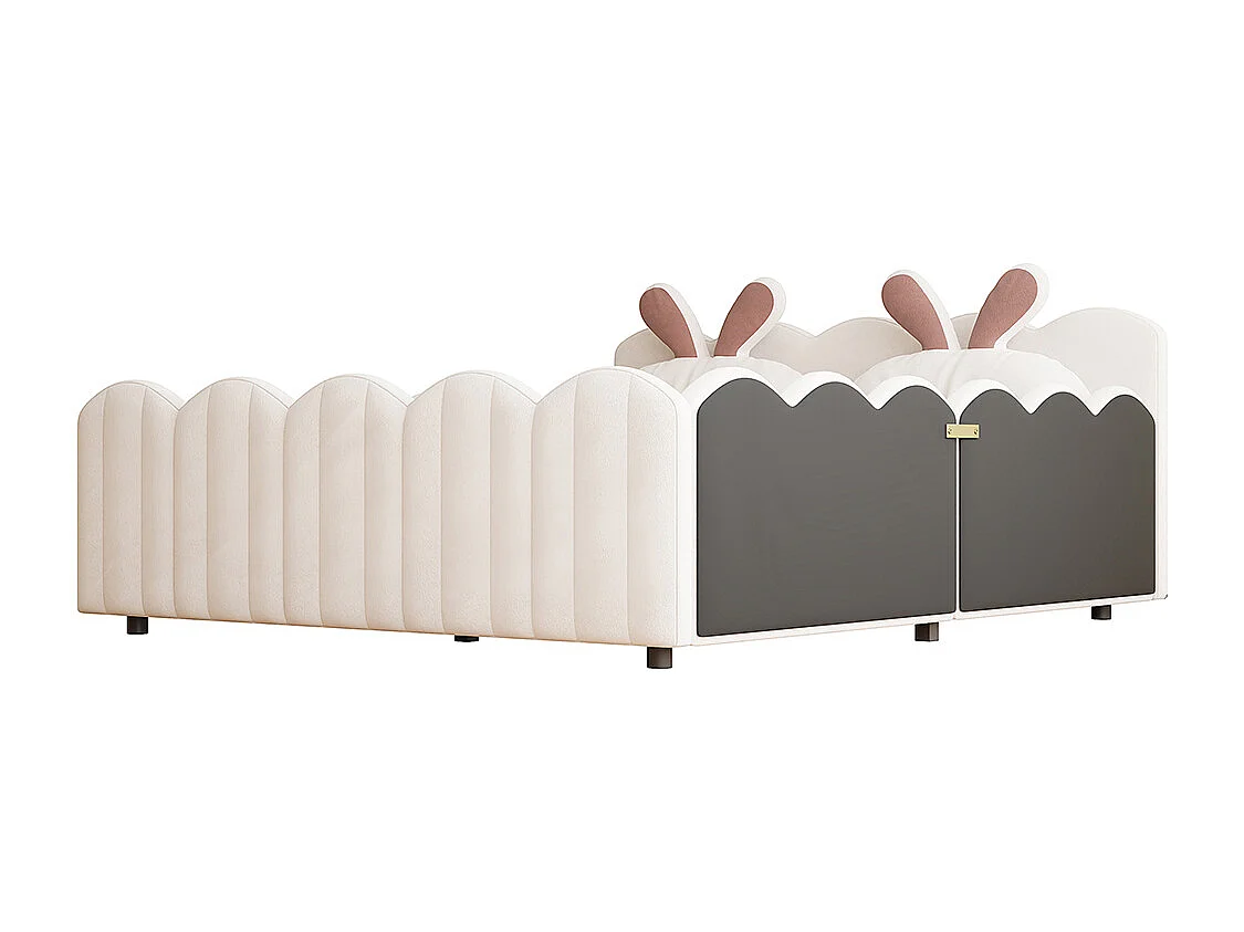 Lit double plateforme rembourré 140x200 coussins forme lapin beige
