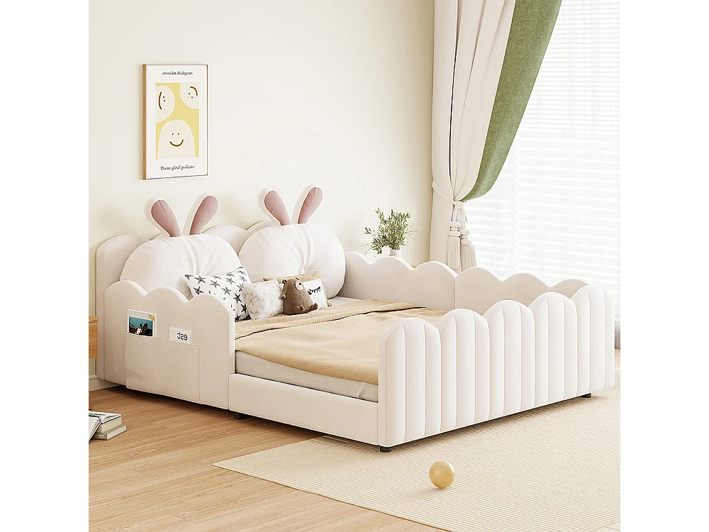 Lit double plateforme rembourré 140x200 coussins forme lapin beige