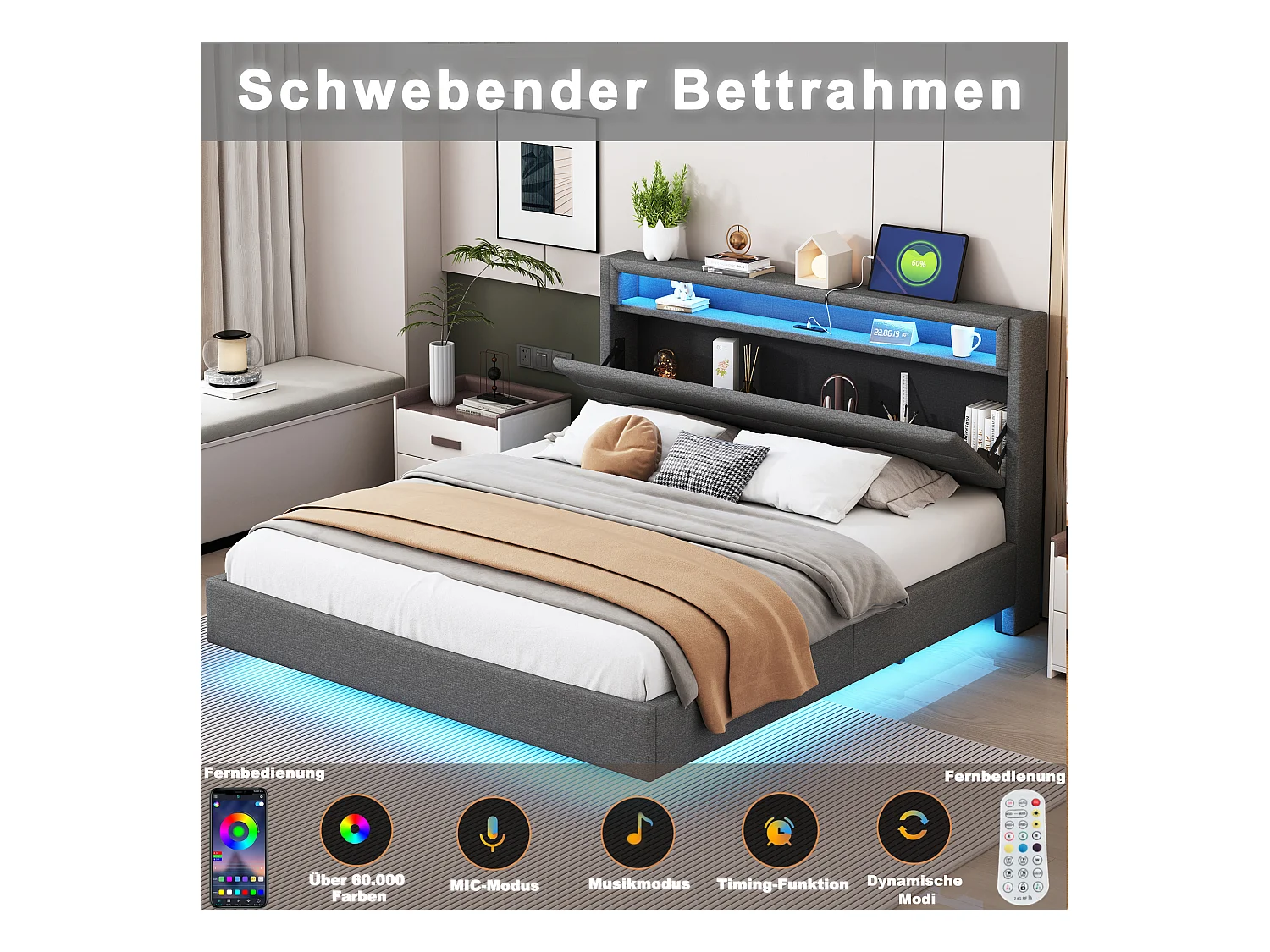 Lit capitonné 160×200cm, avec Prise USB et éclairage LED, Rangement Chevet, Pieds cachés, Lin, Gris