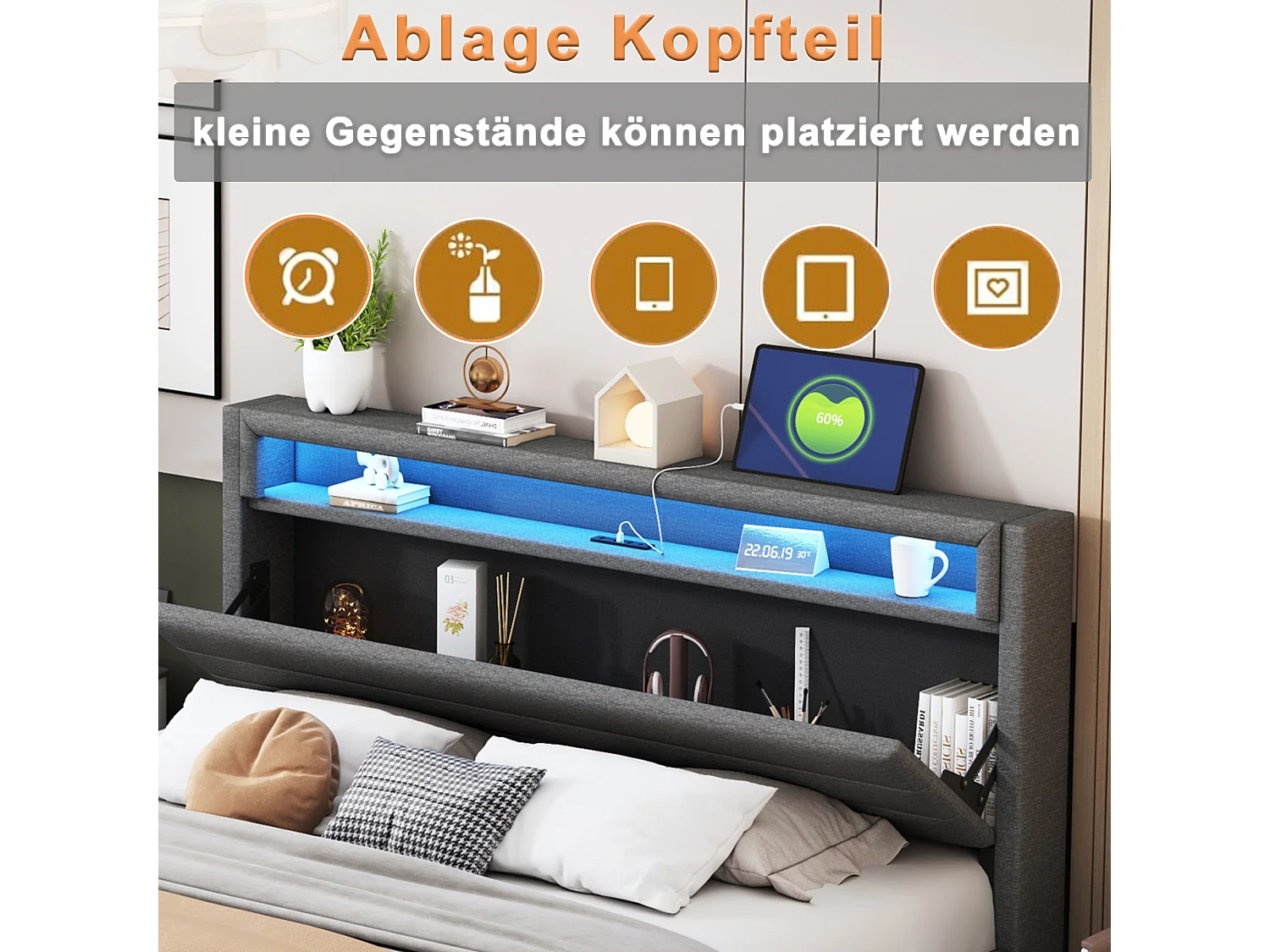 Gestoffeerd bed 160x200cm, met USB-aansluiting en LED-verlichting, nachtkastje met opbergruimte, verborgen poten, linnen, grijs