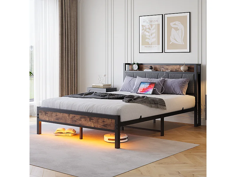 Lit adulte 120x200 cm avec éclairage LED intelligent tête de lit station USB plateforme lattes métalliques ultra résistantes silencieux noir