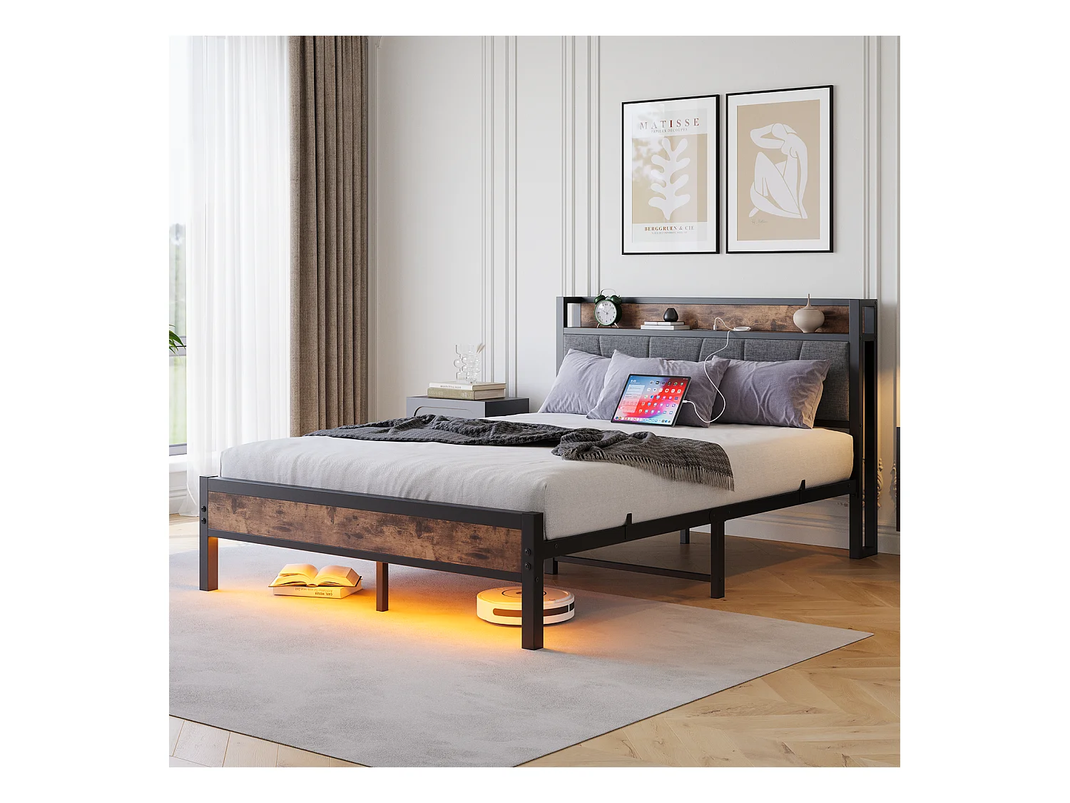 Lit adulte 120x200 cm avec éclairage LED intelligent tête de lit station USB plateforme lattes métalliques ultra résistantes silencieux noir