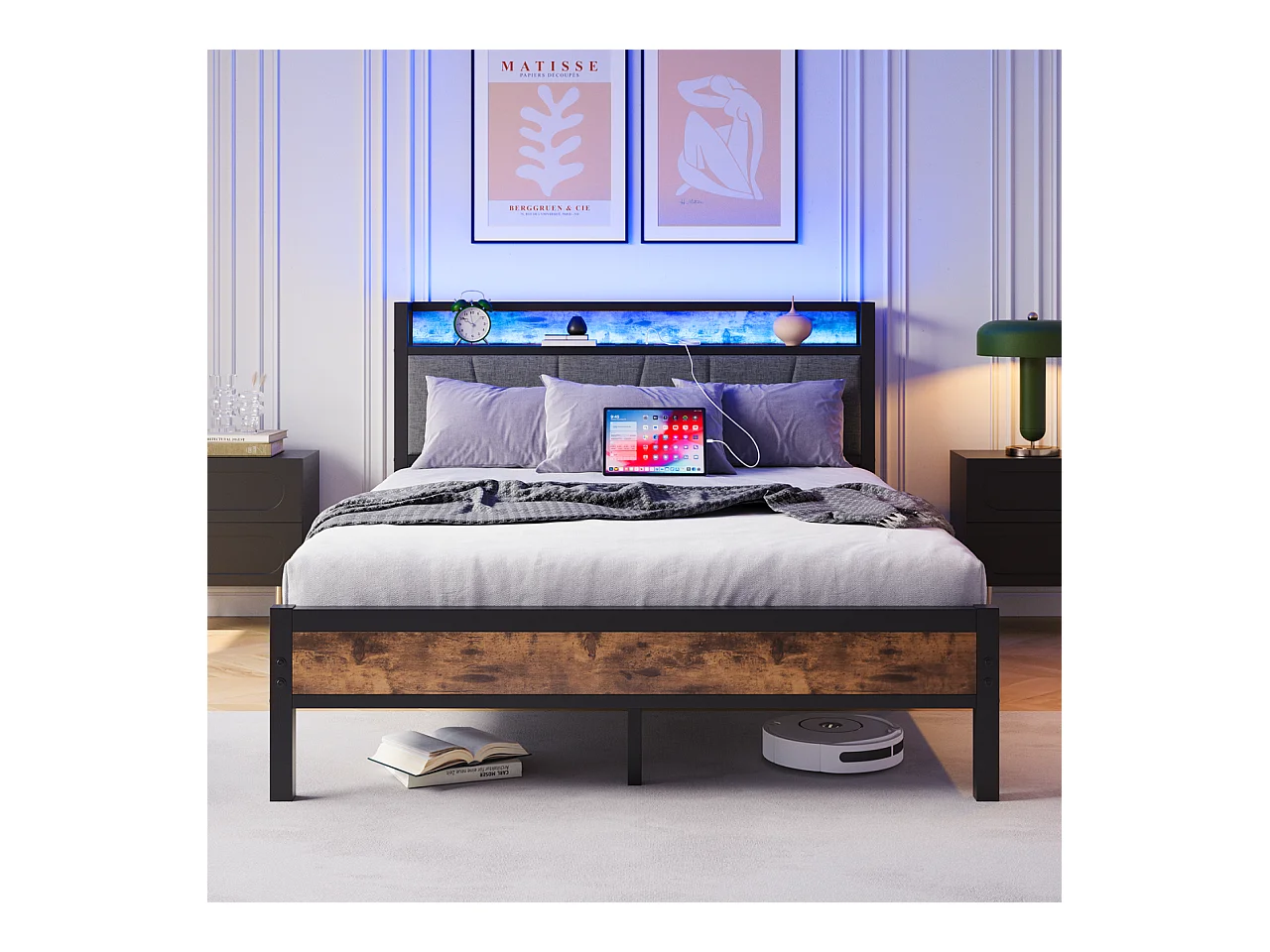 Lit adulte 120x200 cm avec éclairage LED intelligent tête de lit station USB plateforme lattes métalliques ultra résistantes silencieux noir