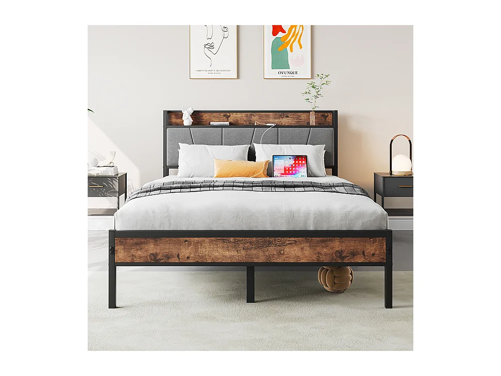 Lit adulte 120x200 cm avec éclairage LED intelligent tête de lit station USB plateforme lattes métalliques ultra résistantes silencieux noir