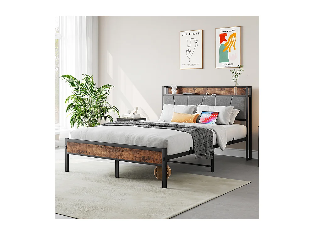 Lit adulte 120x200 cm avec éclairage LED intelligent tête de lit station USB plateforme lattes métalliques ultra résistantes silencieux noir