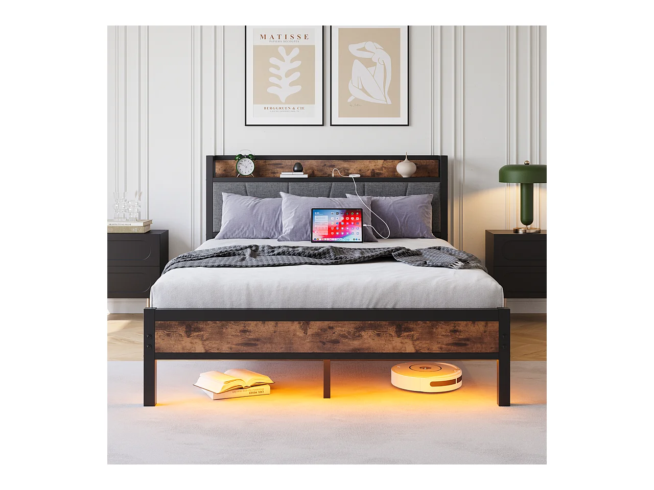 Lit adulte 120x200 cm avec éclairage LED intelligent tête de lit station USB plateforme lattes métalliques ultra résistantes silencieux noir