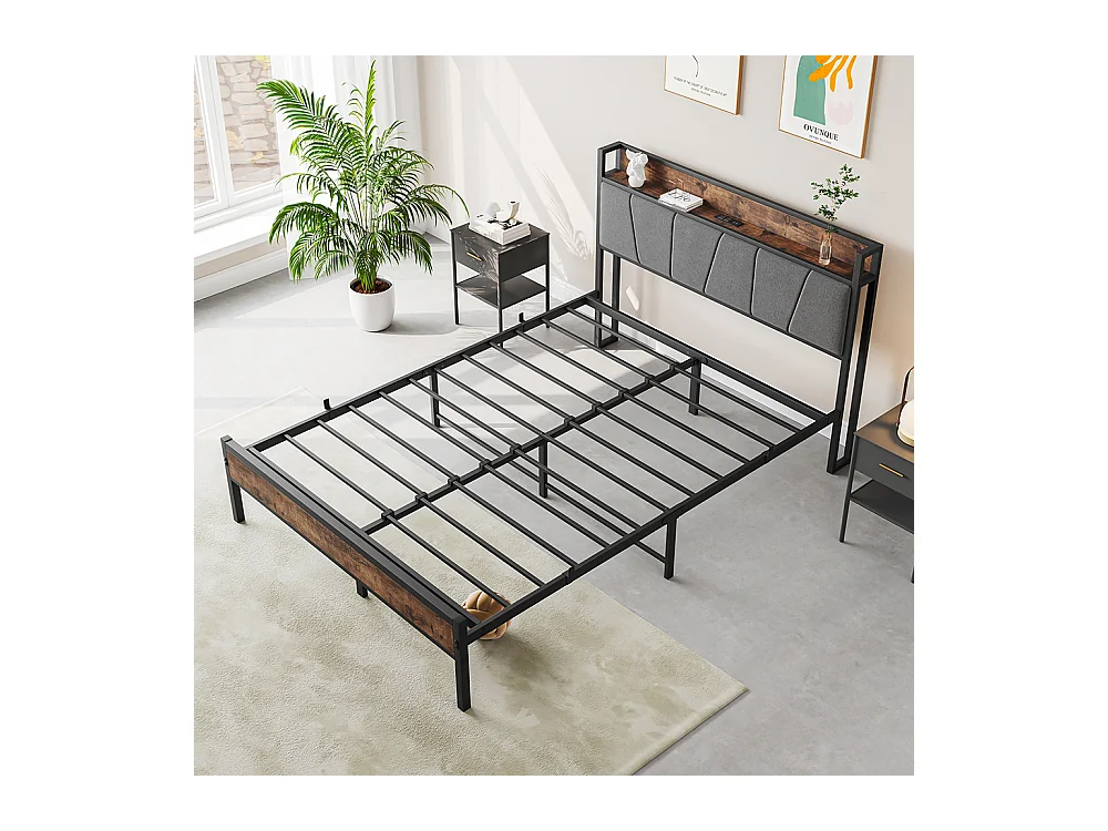 Lit adulte 120x200 cm avec éclairage LED intelligent tête de lit station USB plateforme lattes métalliques ultra résistantes silencieux noir