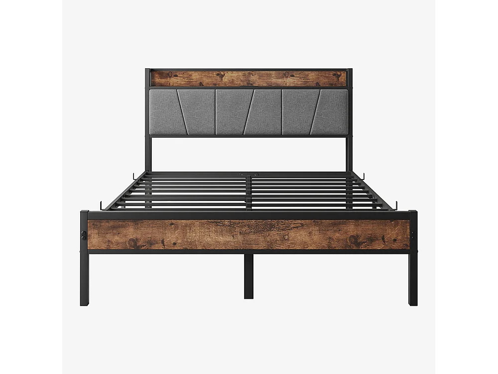 Lit adulte 120x200 cm avec éclairage LED intelligent tête de lit station USB plateforme lattes métalliques ultra résistantes silencieux noir