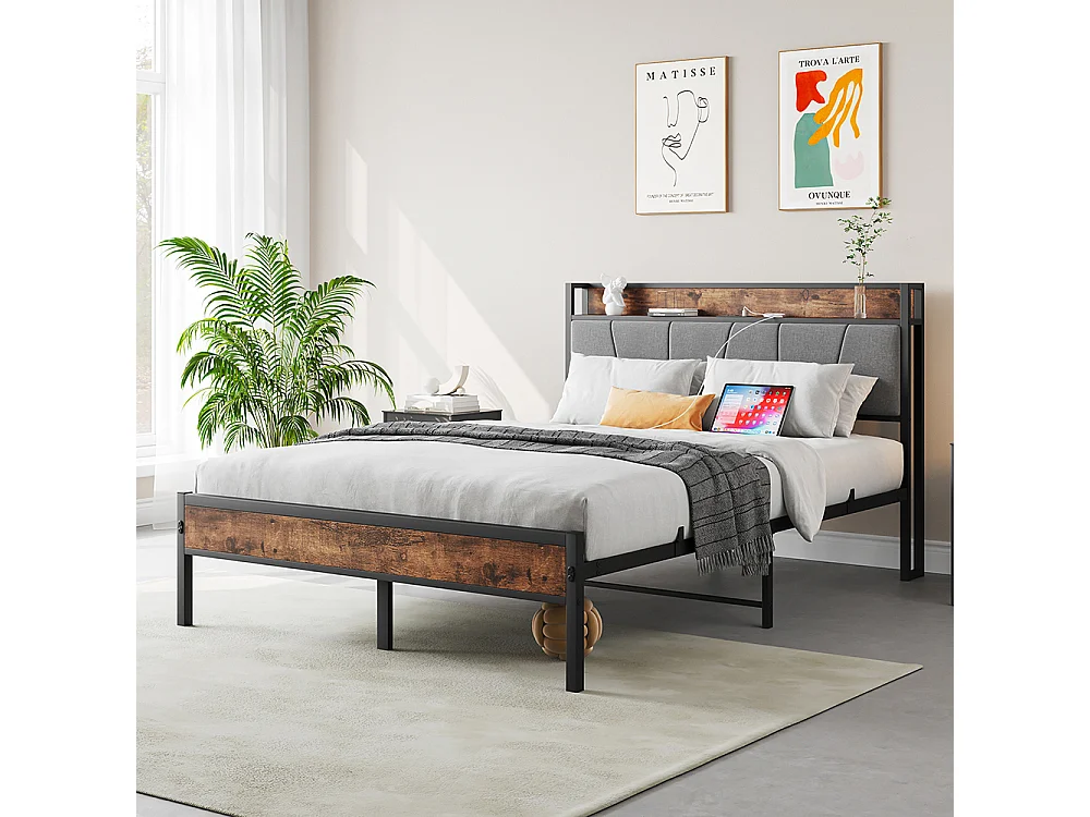 Lit adulte 120x200 cm avec éclairage LED intelligent tête de lit station USB plateforme lattes métalliques ultra résistantes silencieux noir