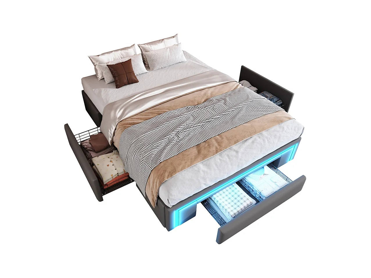 lit avec rangement 140x200 avec tiroirs lit en cuir PU sans tête de lit Avec bandeau lumineux LED sommier à lattes métalliques gris