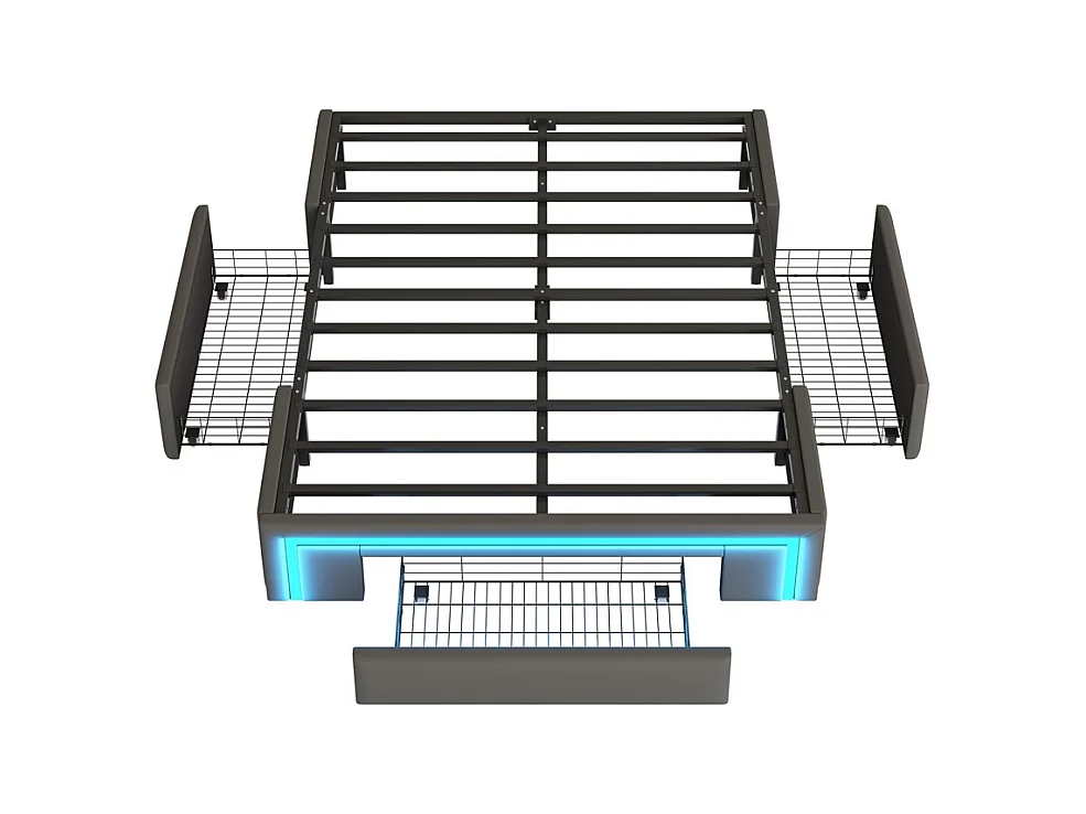 lit avec rangement 140x200 avec tiroirs lit en cuir PU sans tête de lit Avec bandeau lumineux LED sommier à lattes métalliques gris
