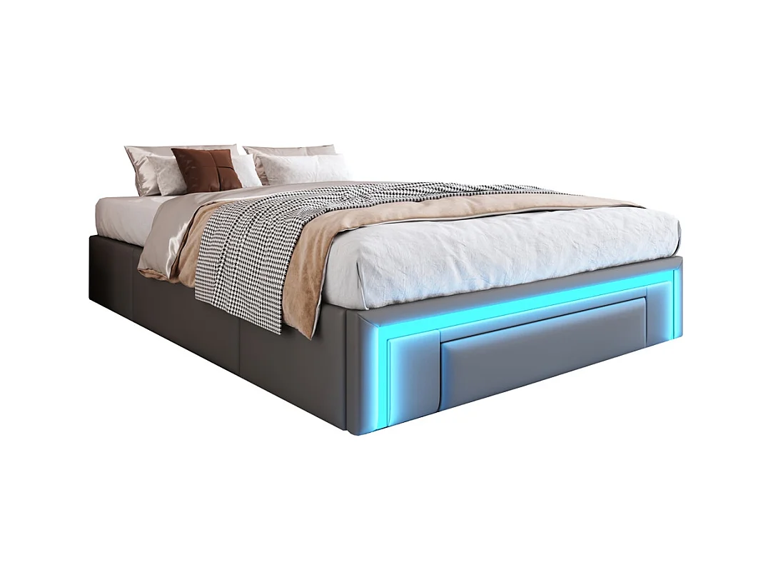 lit avec rangement 140x200 avec tiroirs lit en cuir PU sans tête de lit Avec bandeau lumineux LED sommier à lattes métalliques gris