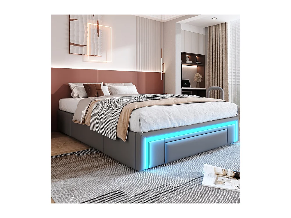 lit avec rangement 140x200 avec tiroirs lit en cuir PU sans tête de lit Avec bandeau lumineux LED sommier à lattes métalliques gris