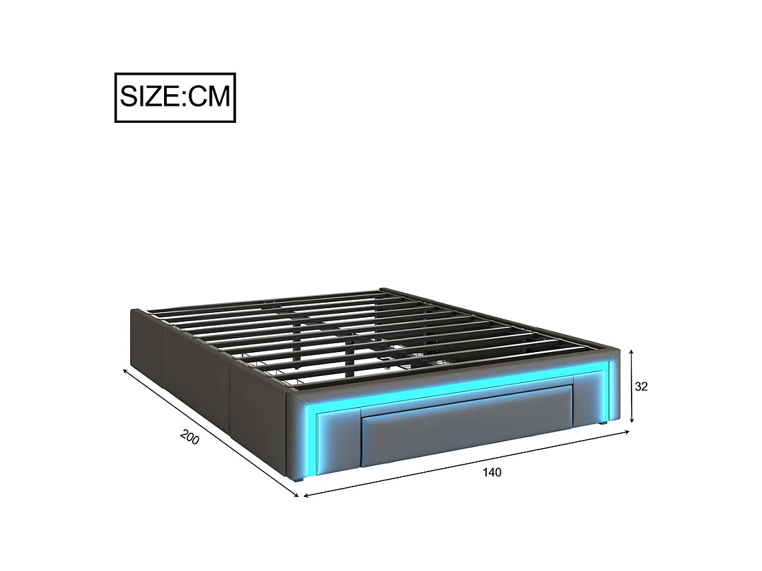 lit avec rangement 140x200 avec tiroirs lit en cuir PU sans tête de lit Avec bandeau lumineux LED sommier à lattes métalliques gris