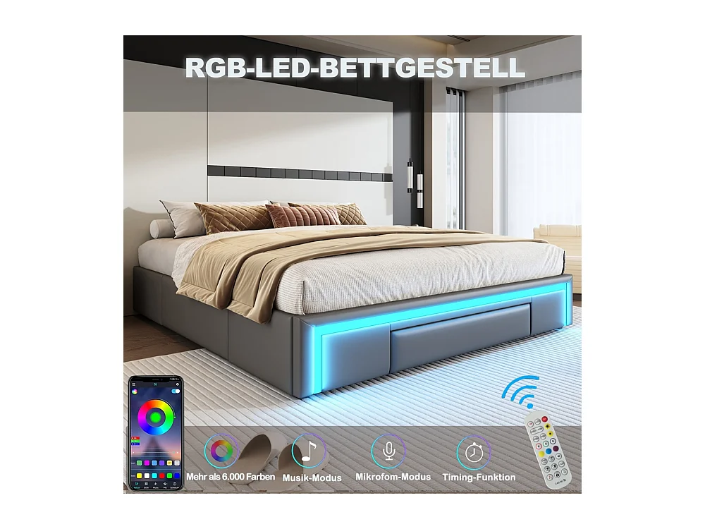 lit avec rangement 140x200 avec tiroirs lit en cuir PU sans tête de lit Avec bandeau lumineux LED sommier à lattes métalliques gris