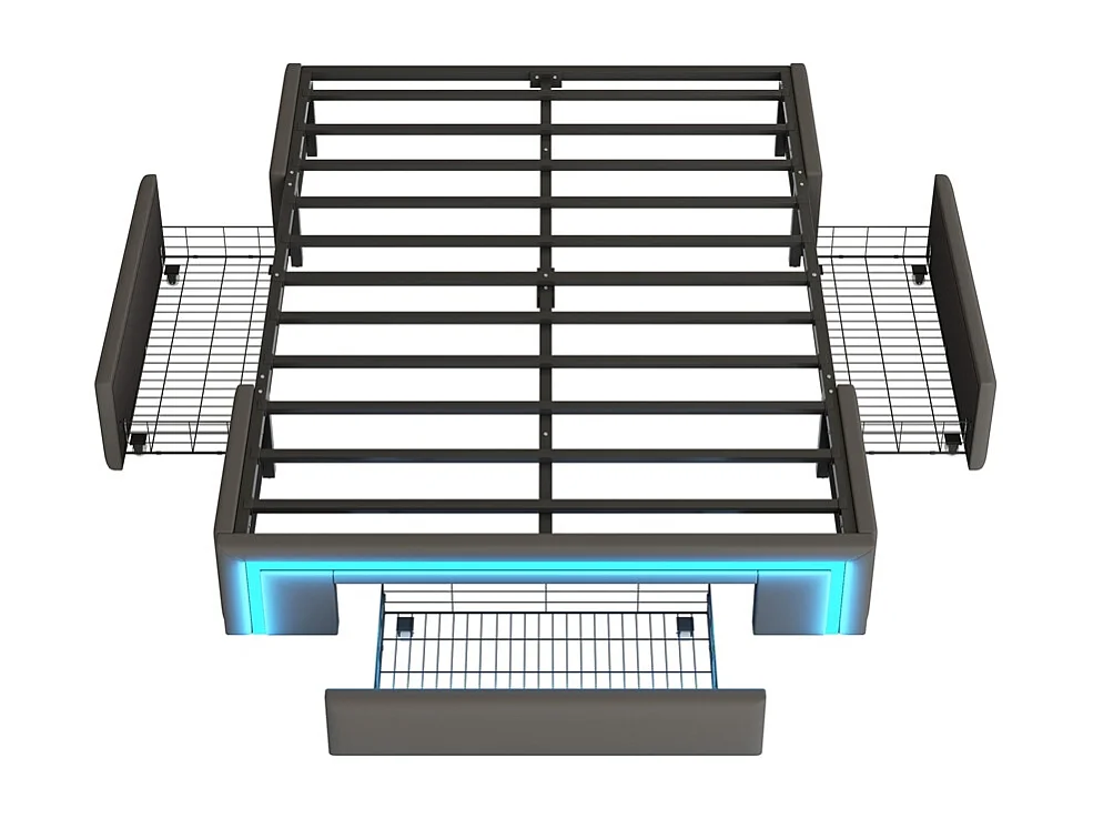 lit avec rangement 140x200 avec tiroirs lit en cuir PU sans tête de lit Avec bandeau lumineux LED sommier à lattes métalliques gris