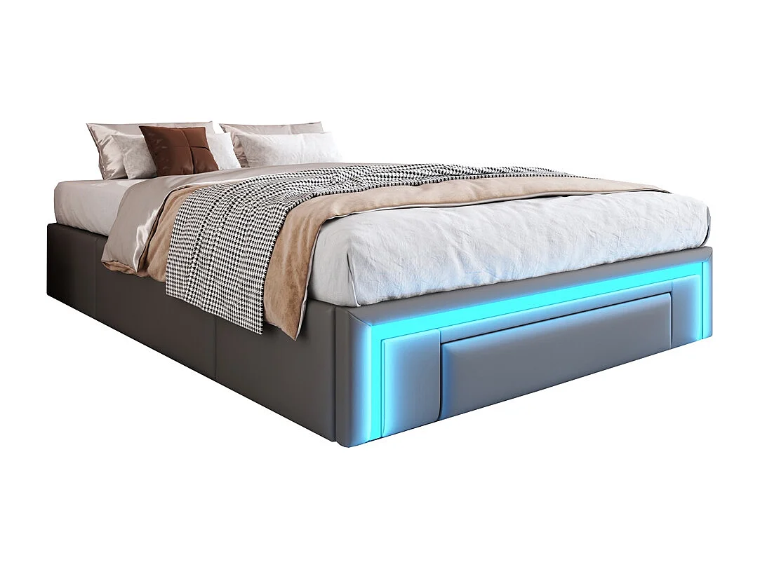 lit avec rangement 140x200 avec tiroirs lit en cuir PU sans tête de lit Avec bandeau lumineux LED sommier à lattes métalliques gris