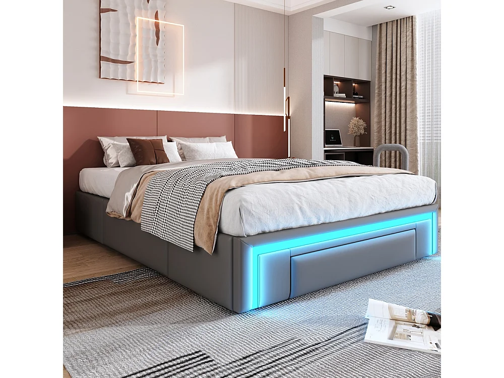 lit avec rangement 140x200 avec tiroirs lit en cuir PU sans tête de lit Avec bandeau lumineux LED sommier à lattes métalliques gris