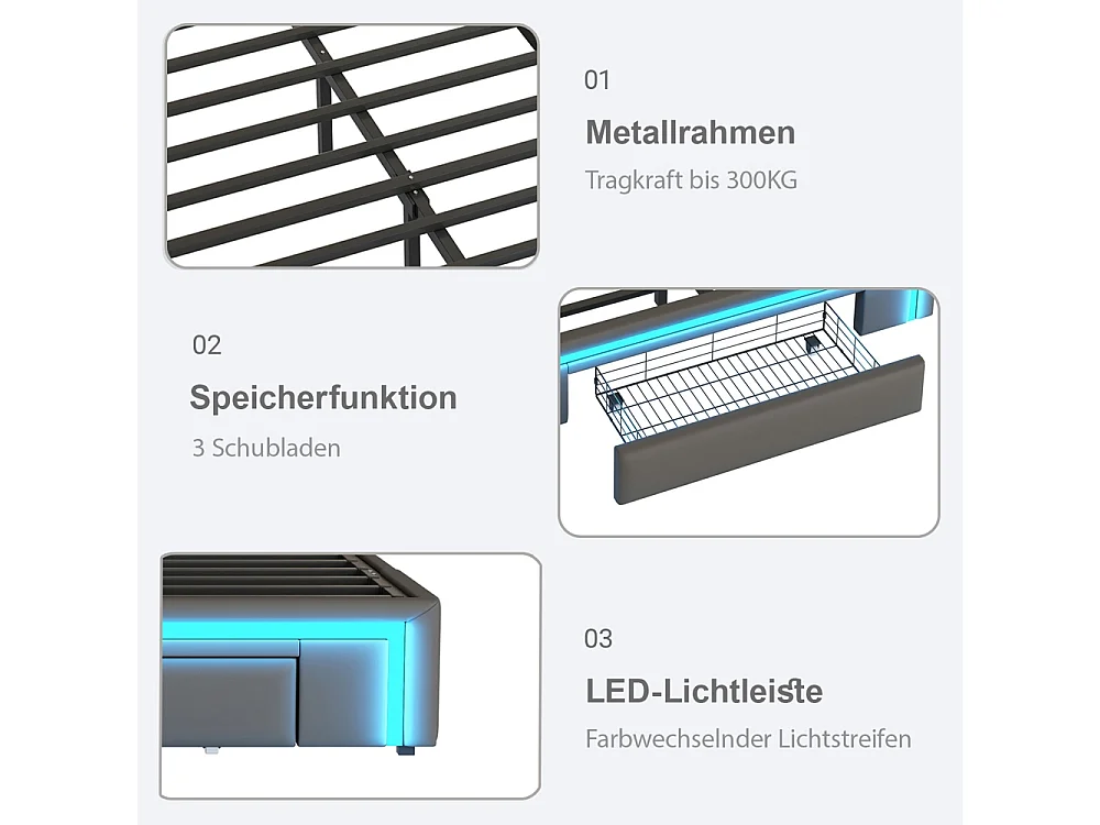 lit avec rangement 140x200 avec tiroirs lit en cuir PU sans tête de lit Avec bandeau lumineux LED sommier à lattes métalliques gris